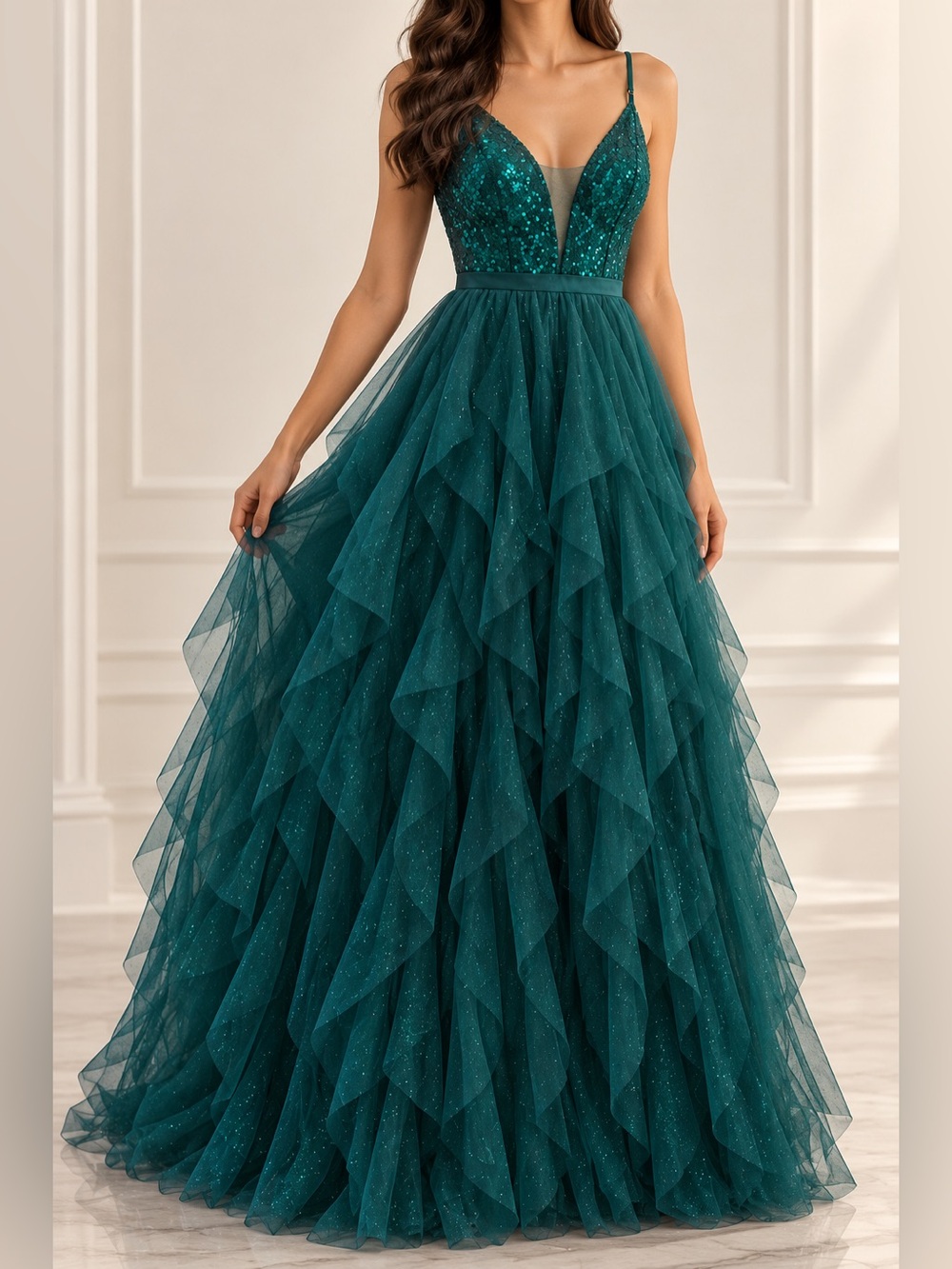 Pear Culture Emerald Green Sequin Ruffle Formal Prom Gown Size 3/4